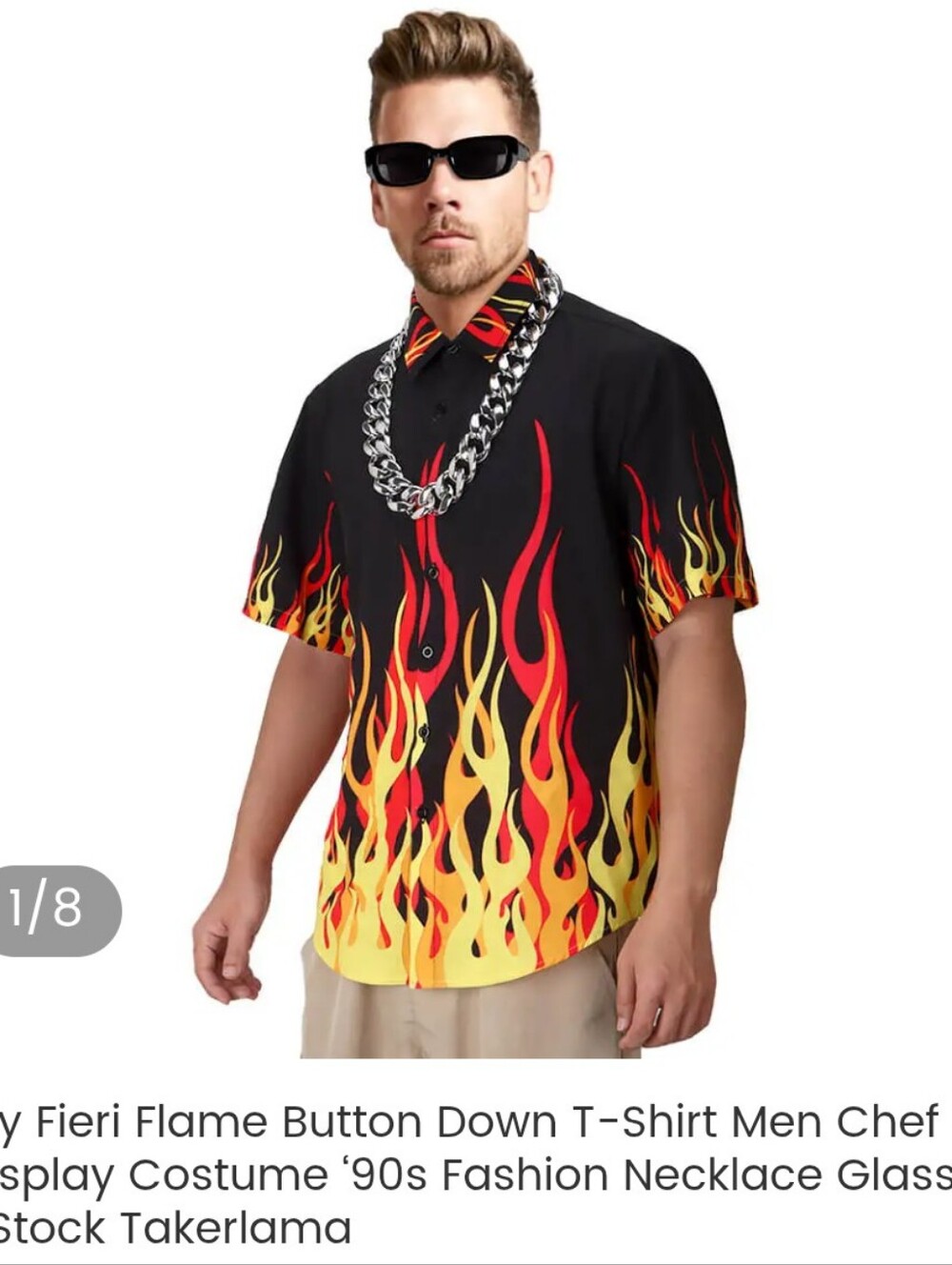 Men's Black Button-Down Shirt with Red & Yellow Flame Print Halloween Costume - Picture 11 of 11